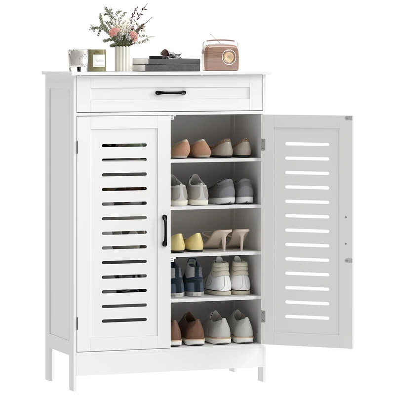 HOMCOM Shoe Cupboard for Hallway, 20 Pair Shoe Storage Cabinet with Louvered Doors, Drawer & Adjustable Shelves, Space Saving Entryway Organiser, Fits up to UK 9.5, White