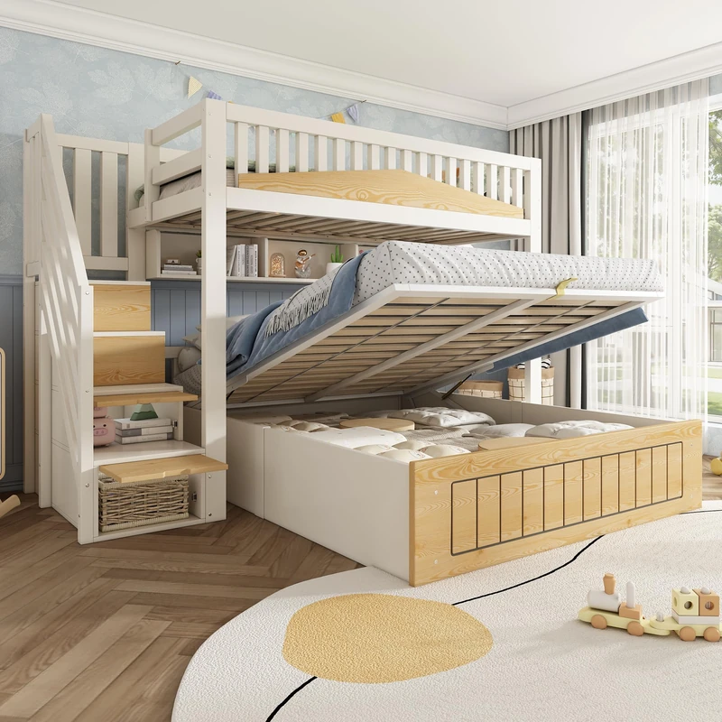Ball & Cast Offset Bunk Beds for Kids with Hydraulic Storage, Staircase and USB Charging, Solid Wood Double Bed Frame for Family with Multiple Children, 3FT + 4FT6 (90+135) x 190 cm, White & Natural