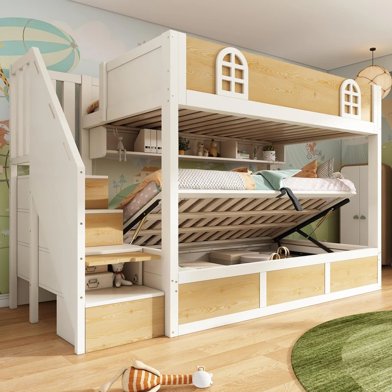 Ball & Cast Bunk Beds for Kids, Staircase Bunk Bed with Storage Cube & Hydraulic Storage, Double Kids Bunk Bed (90+135) x190cm, Solid Wood Frame, for Multiple Children, White & Natural