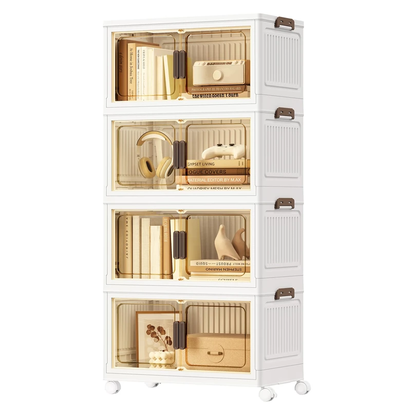 SONGMICS Storage Boxes with Lid, 4-Tier Stackable Organiser with 1 Lid, Plastic Storage Bins on Wheels, Magnetic Door, Home Organisation, White, 55 L per Tier, 220 L Total, RLB460WZ01