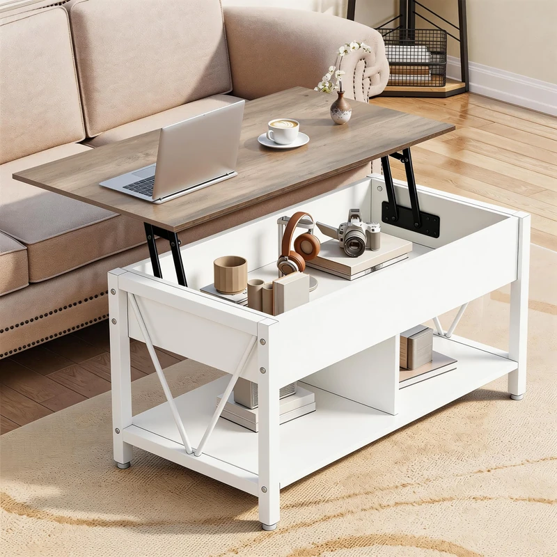 YITAHOME Lift Top Coffee Table, Easy-Lift, 2-Tier Storage, Adjustable Height with Hidden Storage Compartment and Shelf for Living Room, Office, White&Gray