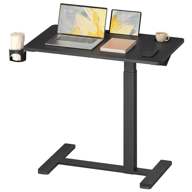 VASAGLE Overbed Table with Wheels, Small Standing Desk, 80 x 45 cm Tabletop, Adjustable Height, 2 Cup Holders, Phone and Tablet Slot, Matte Black LSD601BZ01