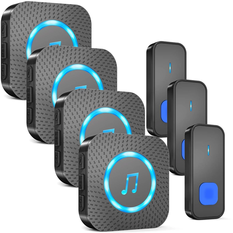AIMAX Wireless Bell with 3 Transmitters and 4 Receivers, Front Door Kit, 400 m High Range, IP55 Waterproof, 55 Ringtones, 5 Volume Levels with LED Flash, Wireless Installation, Black