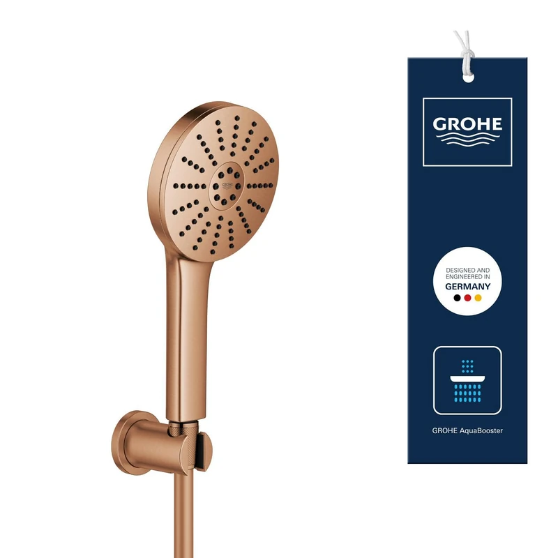 GROHE Vitalio Joy+ 120 Shower Handheld & Wall Holder Set (Hand Shower ⌀ 120 mm, 3 Sprays, Water-Saving 6.3 l/min, Scalding Protection, Hose 1.5 m, Min. Pressure 1 Bar), Bronze, 134865DL00