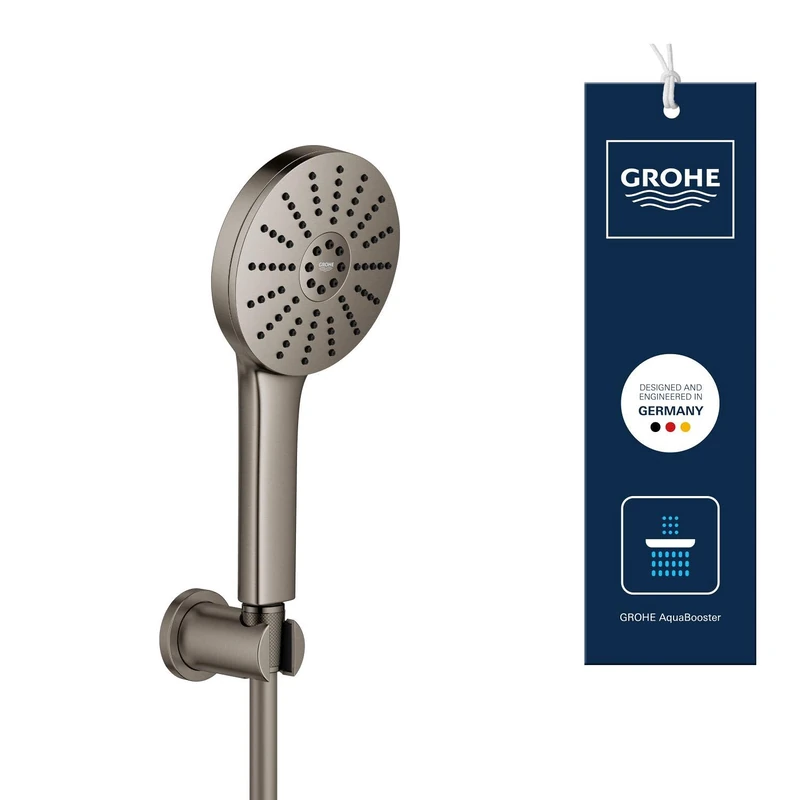 GROHE Vitalio Joy+ 120 Shower Handheld & Wall Holder Set (Hand Shower ⌀ 120 mm, 3 Sprays, Water-Saving 6.3 l/min, Scalding Protection, Hose 1.5 m, Min. Pressure 1 Bar), Anthracite, 134865AL00