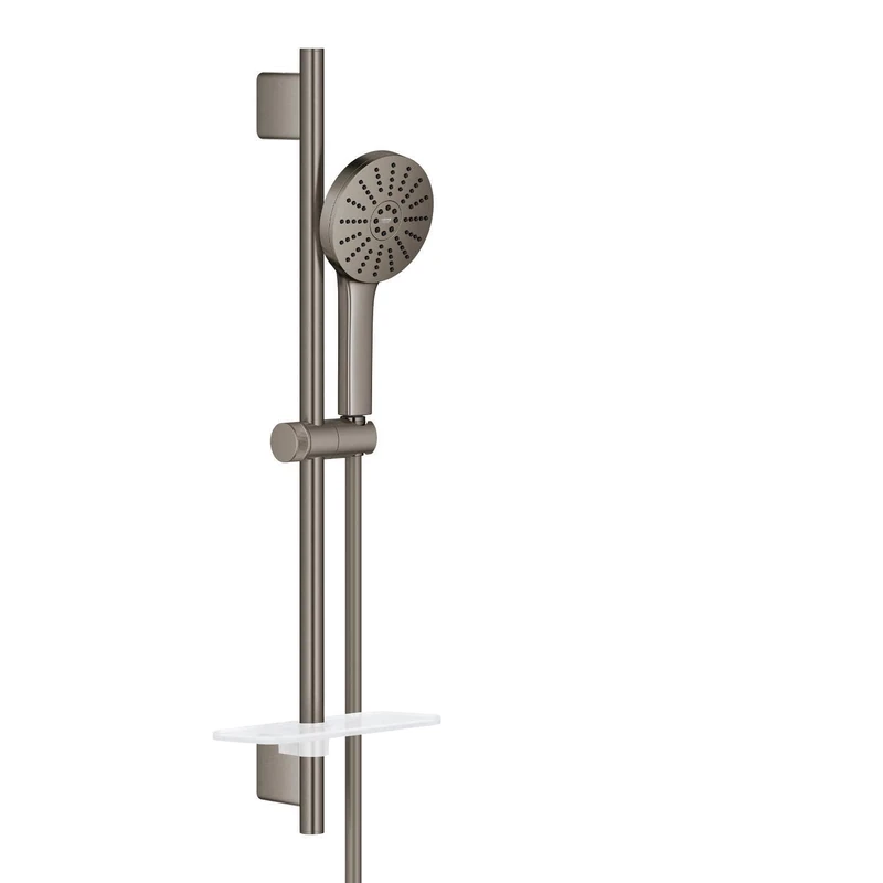 GROHE Vitalio Joy+ 120 Shower Rail Set: (Hand Shower ⌀ 120 mm 3 Sprays, Water-Saving 6.3 l/min, Scalding Protection, Hose 1.75 m, Rail 60 cm with Tray, Min. Pressure 1 Bar), Anthracite, 134866AL00