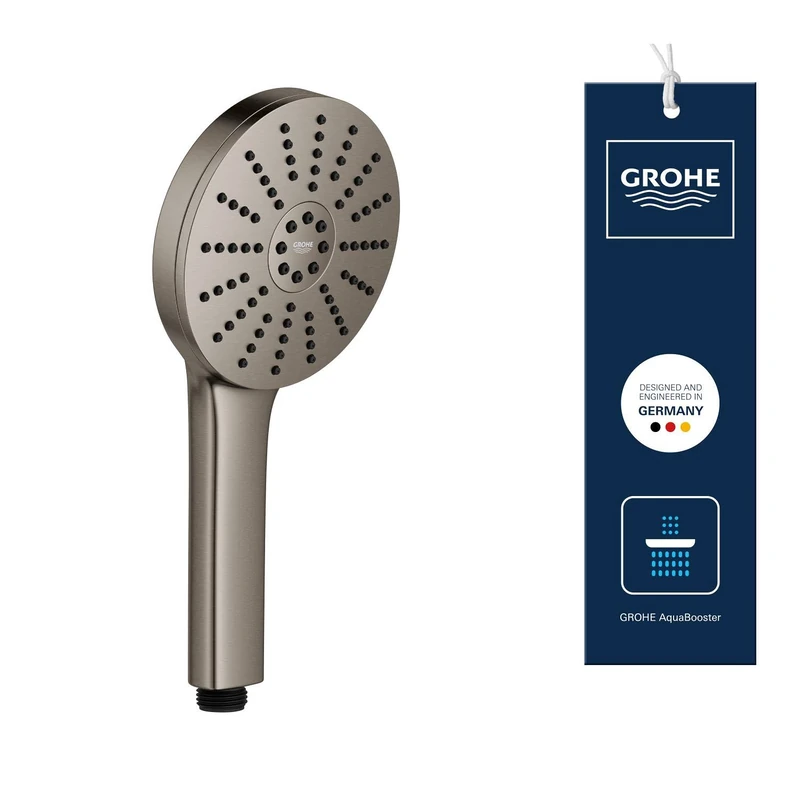 GROHE Vitalio Joy+ 120 Hand Shower 3 Spray Patterns: Rain, Jet, Booster (⌀ 120 mm, Water-Saving 7.9 l/min, Scalding Protection, Universal Mounting System, Min. Pressure 1 Bar), Anthracite, 134864AL00