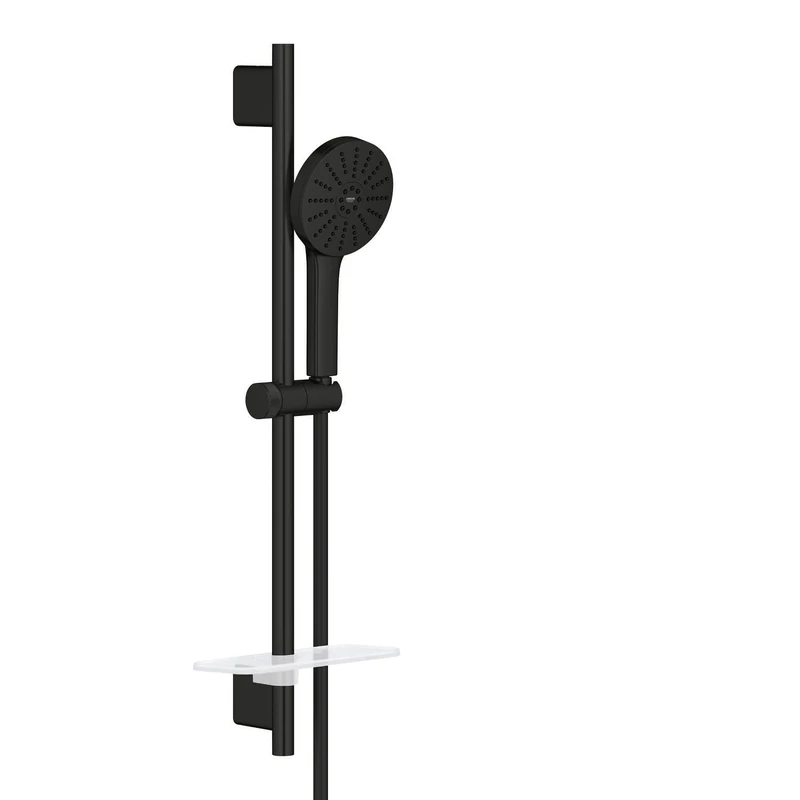 GROHE Vitalio Joy+ 120 Shower Rail Set: (Hand Shower ⌀ 120 mm 3 Sprays, Water-Saving 6.3 l/min, Scalding Protection, Hose 1.75 m, Rail 60 cm with Tray, Min. Pressure 1 Bar), Matt Black, 1348662430