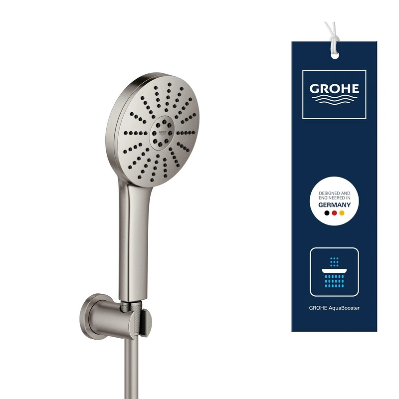 GROHE Vitalio Joy+ 120 Shower Handheld & Wall Holder Set (Hand Shower ⌀ 120 mm, 3 Sprays, Water-Saving 6.3 l/min, Scalding Protection, Hose 1.5 m, Min. Pressure 1 Bar), Supersteel, 134865DC00