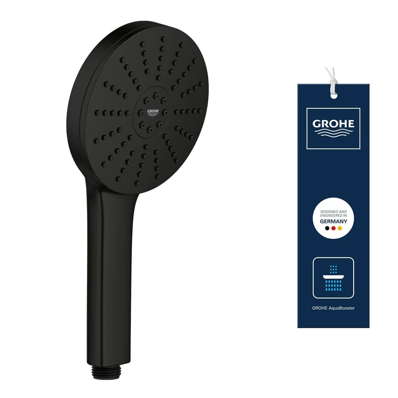 GROHE Vitalio Joy+ 120 Hand Shower 3 Spray Patterns: Rain, Jet, Booster (⌀ 120 mm, Water-Saving 6.3 l/min, Scalding Protection, Universal Mounting System, Min. Pressure 1 Bar), Matt Black, 1348632430