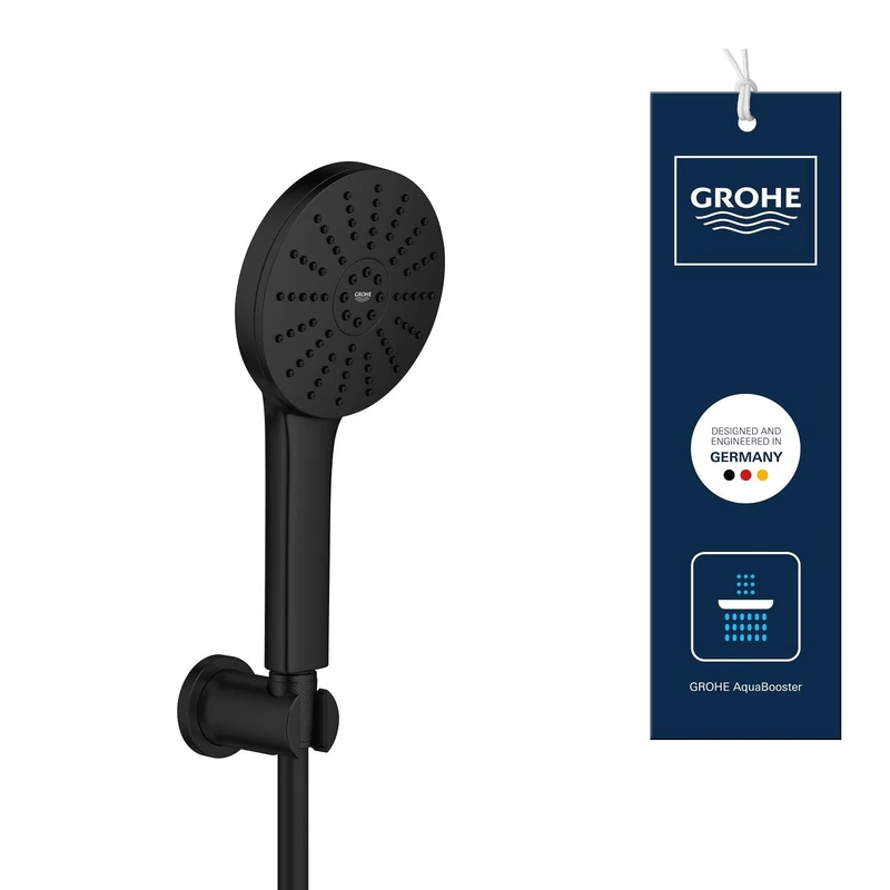 GROHE Vitalio Joy+ 120 Shower Handheld & Wall Holder Set (Hand Shower ⌀ 120 mm, 3 Sprays, Water-Saving 6.3 l/min, Scalding Protection, Hose 1.5 m, Min. Pressure 1 Bar), Matt Black, 1348652430