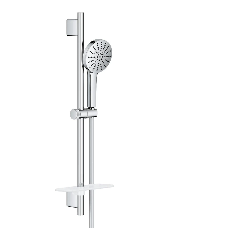 GROHE Vitalio Joy+ 120 Shower Rail Set: (Hand Shower ⌀ 120 mm 3 Sprays, Water-Saving 6.3 l/min, Scalding Protection, Hose 1.75 m, Rail 60 cm with Tray, Min. Pressure 1 Bar), Chrome, 1348660000
