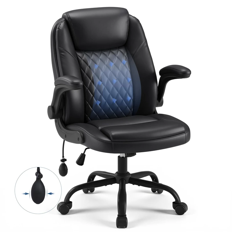 Ergonomic Office Chair with Adjustable Lumbar Support, PU Leather Computer Chair 136KG, Desk Chair for Home Office with Padded Flip-up Arm, Adjustable Height and Tilt Lock, Black