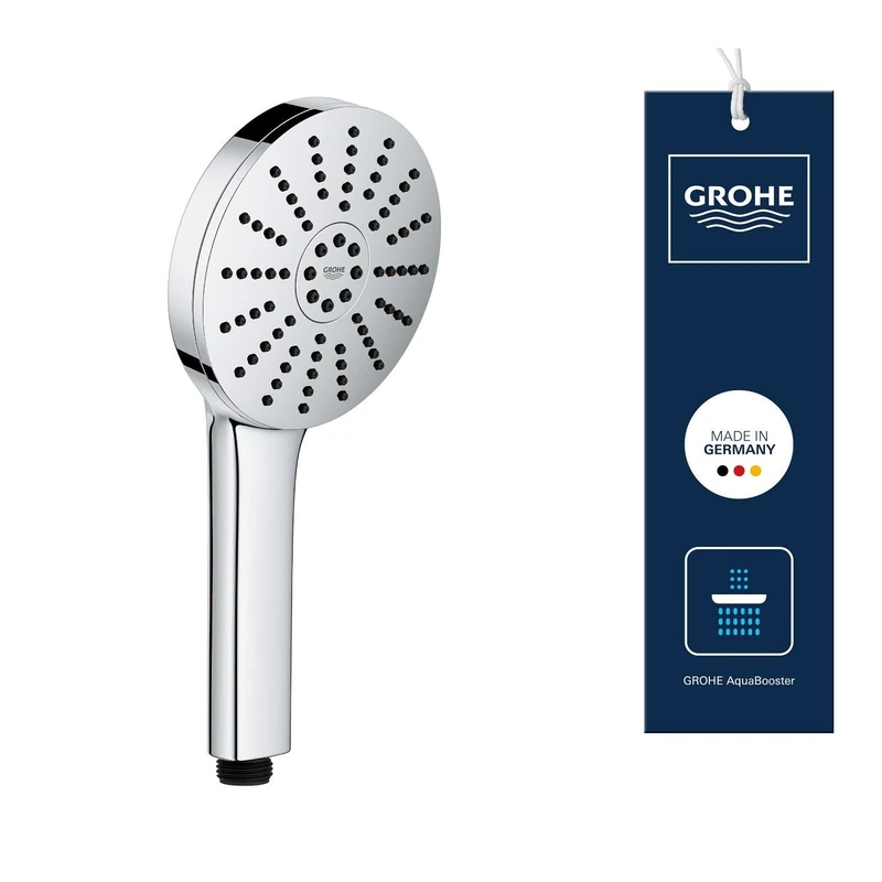 GROHE Vitalio Joy+ 120 Hand Shower 3 Spray Patterns: Rain, Jet, Booster (⌀ 120 mm, Water-Saving 6.3 l/min, Scalding Protection, Universal Mounting System, Min. Pressure 1 Bar), Chrome, 1348630000