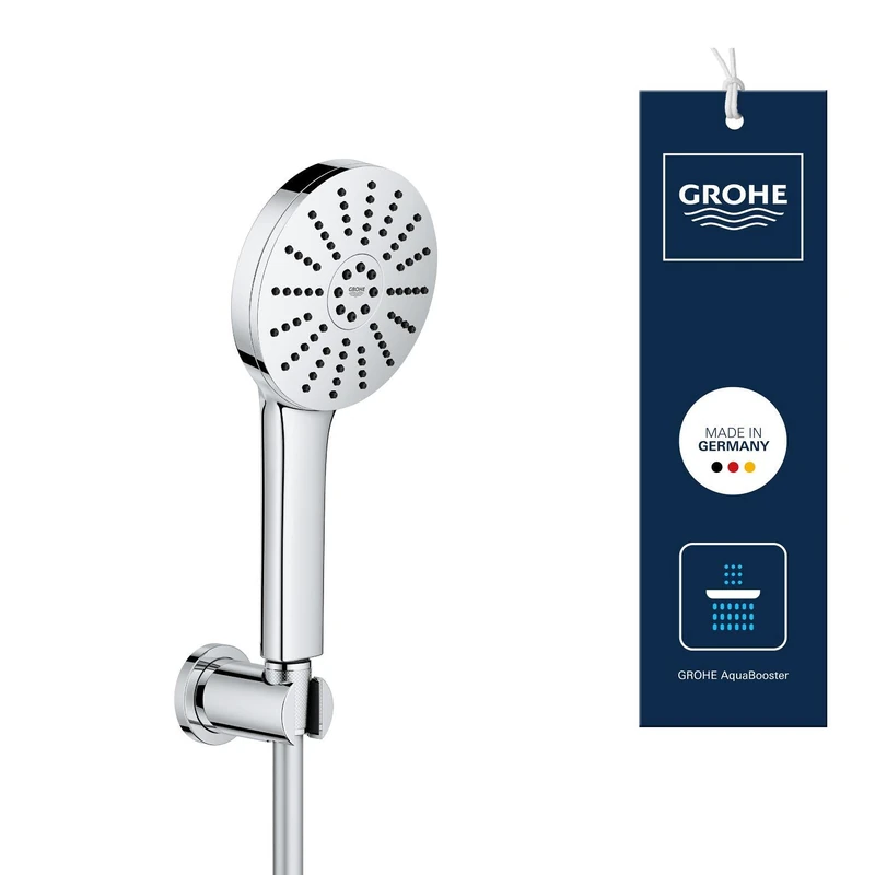 GROHE Vitalio Joy+ 120 Shower Handheld & Wall Holder Set (Hand Shower ⌀ 120 mm, 3 Sprays, Water-Saving 6.3 l/min, Scalding Protection, Hose 1.5 m, Min. Pressure 1 Bar), Chrome, 1348650000