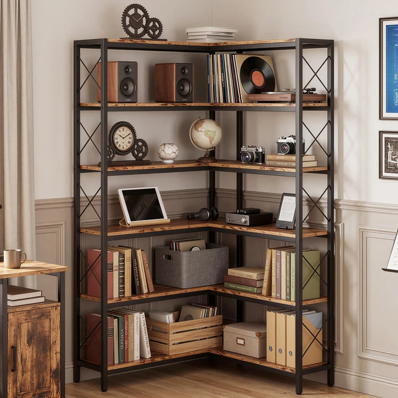 IRONCK Corner Bookshelf, 6-Tier L-Shaped Corner Bookcase with Adjustable Feet, Tall Corner Shelf Storage Display Cabinets for Living Room, Bedroom, Home Office, Rustic Brown, 80×80×167cm