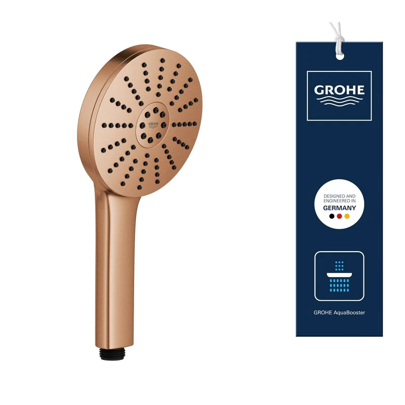 GROHE Vitalio Joy+ 120 Hand Shower 3 Spray Patterns: Rain, Jet, Booster (⌀ 120 mm, Water-Saving 6.3 l/min, Scalding Protection, Universal Mounting System, Min. Pressure 1 Bar), Bronze, 134864DL00