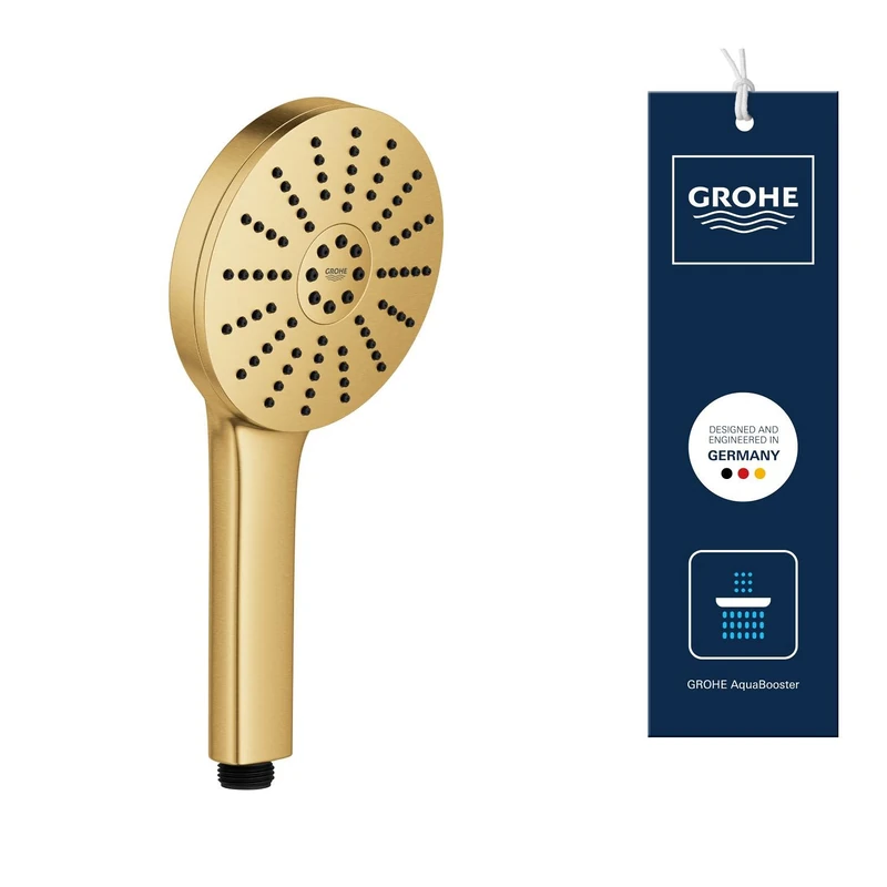 GROHE Vitalio Joy+ 120 Hand Shower 3 Spray Patterns: Rain, Jet, Booster (⌀ 120 mm, Water-Saving 7.9 l/min, Scalding Protection, Universal Mounting System, Min. Pressure 1 Bar), Gold, 134864GN00