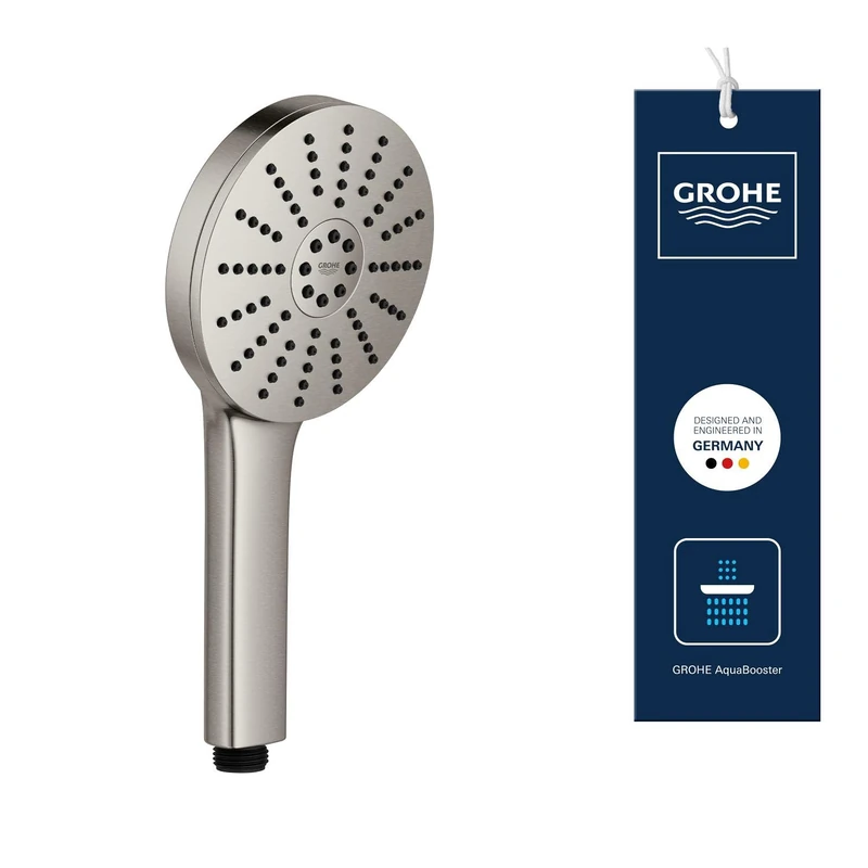 GROHE Vitalio Joy+ 120 Hand Shower 3 Spray Patterns: Rain, Jet, Booster (⌀ 120 mm, Water-Saving 7.9 l/min, Scalding Protection, Universal Mounting System, Min. Pressure 1 Bar), Supersteel, 134864DC00