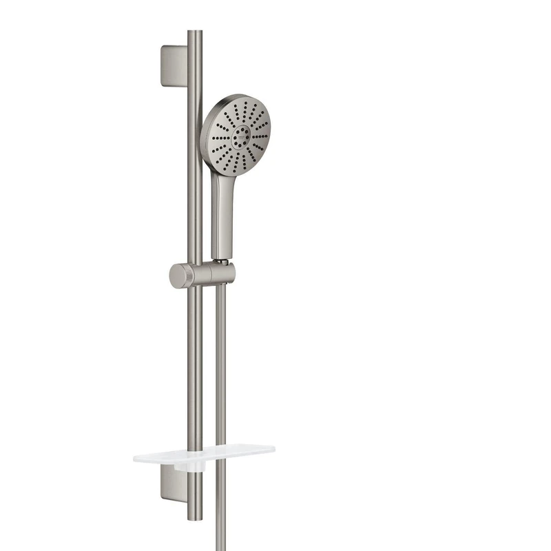 GROHE Vitalio Joy+ 120 Shower Rail Set: (Hand Shower ⌀ 120 mm 3 Sprays, Water-Saving 6.3 l/min, Scalding Protection, Hose 1.75 m, Rail 60 cm with Tray, Min. Pressure 1 Bar), Supersteel, 134866DC00