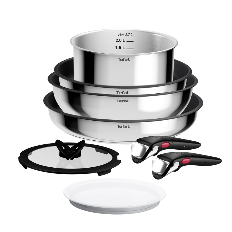 Tefal Ingenio Comfort Max 8-Piece Titanium Non-Stick Cookware Set, Stackable, Space-Saving, Thermal Signal, Safe Grip, Effortless Cleaning, Stainless Steel, L966S844