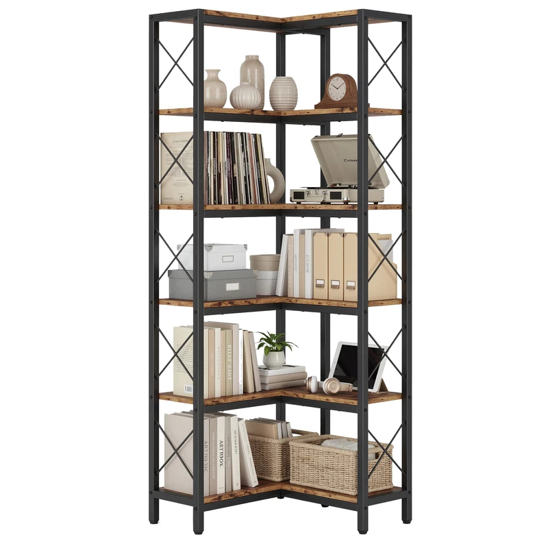 IRONCK Corner Bookshelf, 60cm 6-Tier L-Shaped Corner Bookcase with Adjustable Feet, Tall Corner Shelf Storage Display Cabinets for Living Room, Bedroom, Home Office, Rustic Brown, 60×60×167cm