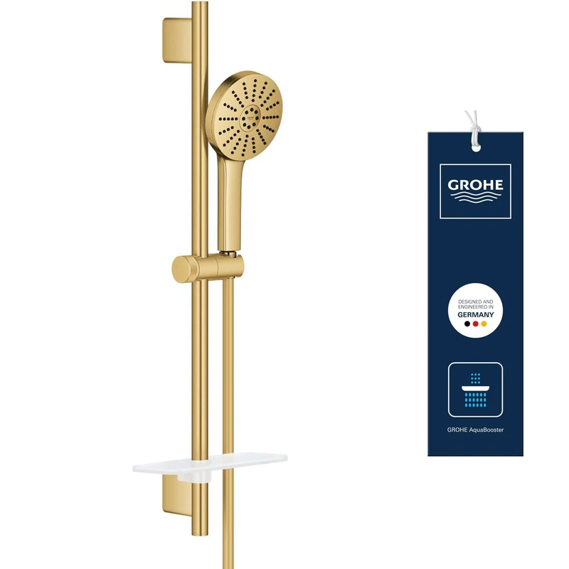 GROHE Vitalio Joy+ 120 Shower Rail Set: (Hand Shower ⌀ 120 mm 3 Sprays, Water-Saving 6.3 l/min, Scalding Protection, Hose 1.75 m, Rail 60 cm with Tray, Min. Pressure 1 Bar), Gold, 134866GN00