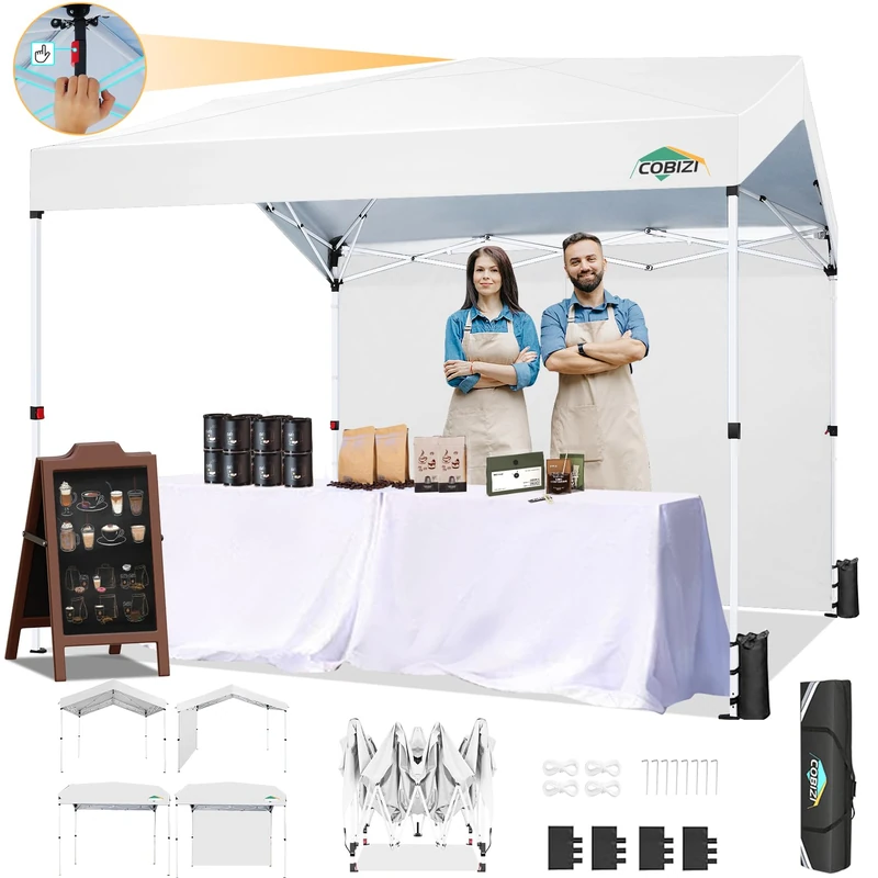 COBIZI Gazebo 3 x 3 Pop-Up Gazebo with 1 Side Wall, Outdoor Canopy Installed with One Click and 3 Adjustable Heights, Commercial Folding Event Gazebo for Parties and Streets, White