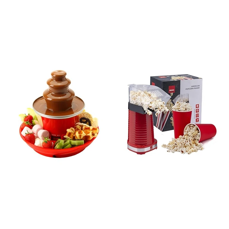 Bundle of Global Gourmet Chocolate Fountain Mini 3 Tier Fondue Set with Party Serving Tray + Popcorn Maker Machine Air Popcorn Popper Fat Free and Healthy