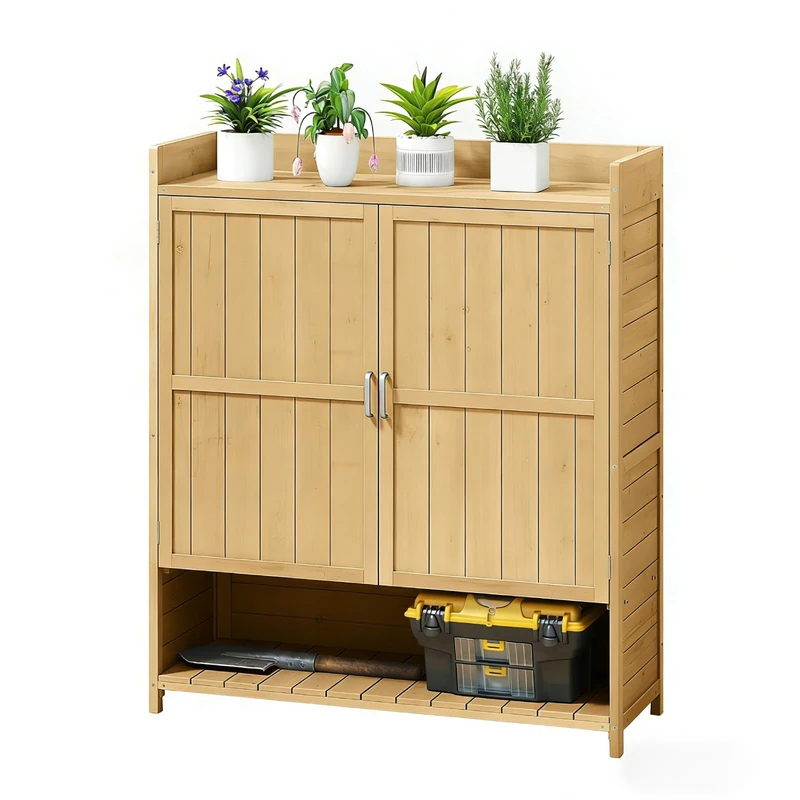 GiantexUK Wood Garden Shed, Outdoor Storage Cabinet with Double Doors &Removable Shelves, Potting Bench Tool Storage Shed for Patio Courtyard (Natural)