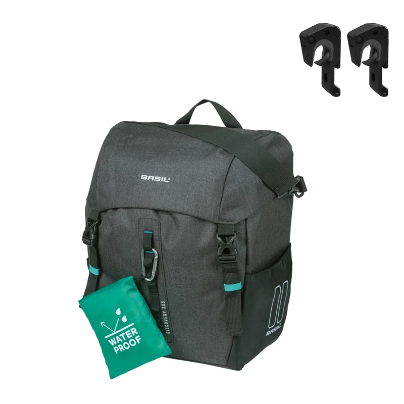 Basil Bicycle Single Bag L MIK Hooks - 20L - Polyester - Outer Pockets - Removable Shoulder Strap - Rain Cover - Snap Hook - Reflective - Black Mottled