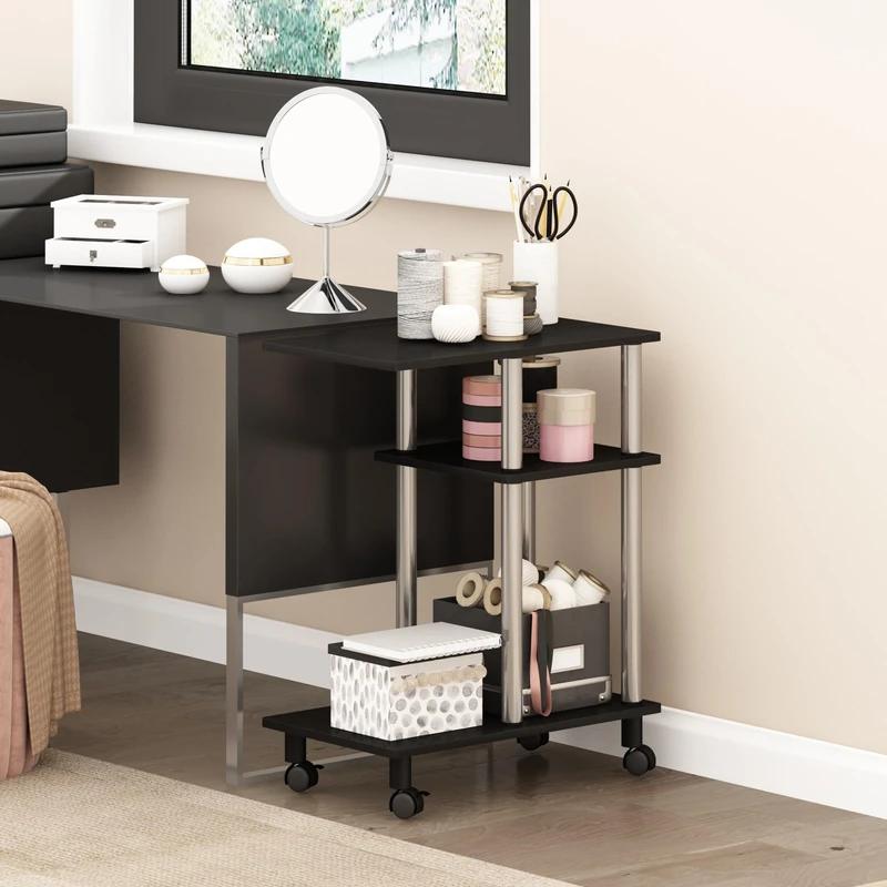 Furinno TURN-N-TUBE Side Table, 3-Tier C-Shape End Table with Wheels, Toolless Assembly Night Stand, Bedside Table with Open Shelf, for Living Room, Bedroom, Dark Americano/Stainless Steel