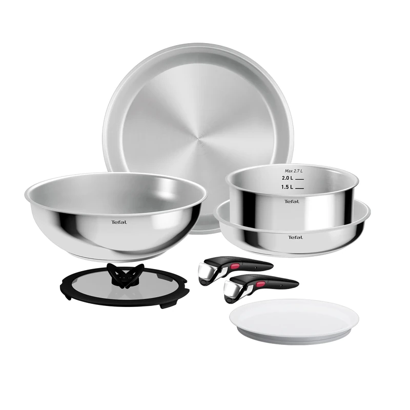 Tefal Ingenio Comfort Max 8-Piece Cookware Set, Extra Strong Base, Unsealed, Space-Saving, Thermal Signal, for All Hobs, Secure Grip, Effortless Cleaning, Stainless Steel, L968S834