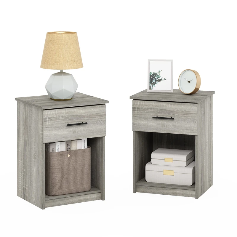 Furinno TIDUR Night Stand Set of 2, Modern Nightstand with Drawer, Bedside Table with Storage Shelf, End Table, Side Table, Bar Handle Drawer, for Bedroom, Living Room, Grey Oak - Image 1