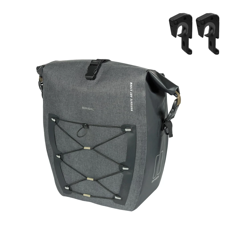 Basil Bicycle Single Bag L MIK Hooks - 25-31L - Tarpaulin/Polyester - Waterproof IPX3 - Rolltop Closure - Compression Front Pocket - Reflective - Removable Shoulder Strap - Black