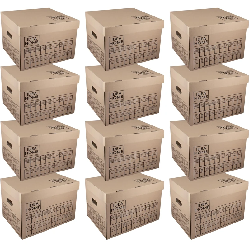 IDEA HOME STOREA 12 Pack Storage Boxes with Lids and Handles, Stackable Cardboard Archive Boxes with Marker, Moving Boxes for Home Office Organisation - Image 1
