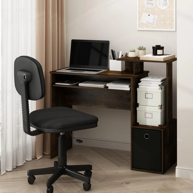 Furinno ECON Desk, 101.6cm Gaming Desk with Keyboard Tray, Computer Desk, Office Desk with Side Shelves and Storage Bin, for Home Office, Study Room, Dorm, Amber Oak - Image 1