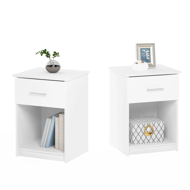 Furinno TIDUR Night Stand Set of 2, Modern Nightstand with Drawer, Bedside Table with Storage Shelf, End Table, Side Table, Bar Handle Drawer, for Bedroom, Living Room, White - Image 1