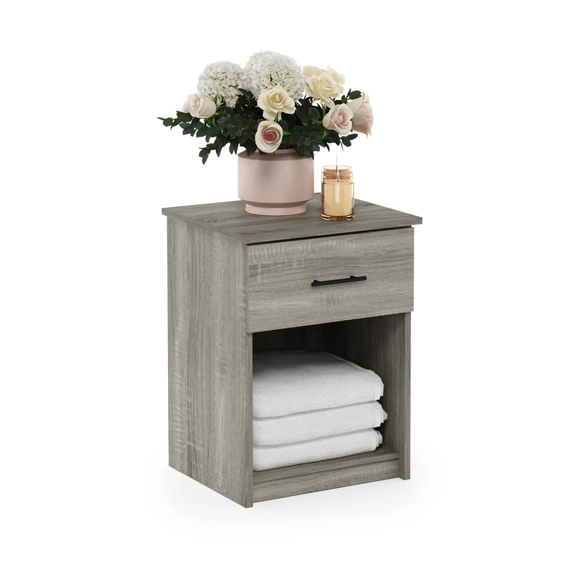 Furinno TIDUR Night Stand, Nightstand with Drawer, Bedside Table, End Table, Side Table with Storage Shelf, Bar Handle Drawer, for Bedroom, Living Room, Grey Oak - Image 1