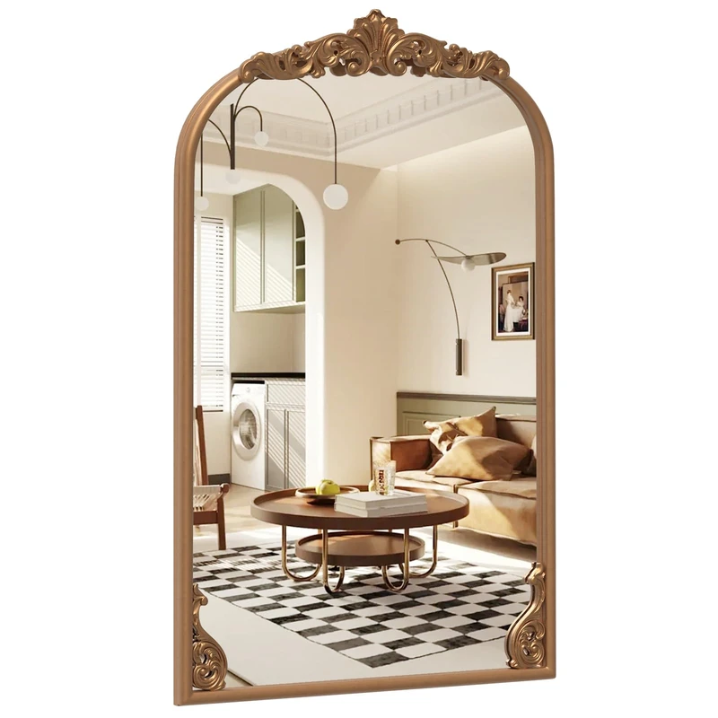 RELAX4LIFE Decorative Wall Mirror, Baroque Ornate Arched Mirror with Hanging Hooks, Vintage Metal Wall Mounted Accent Vanity Mirror for Living Room, Bedroom and Hallway (Antique Gold, 95 x 66cm)