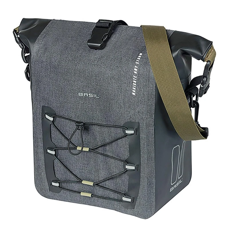 Basil Bicycle Single Bag M MIK Hooks - 12-15L - Tarpaulin/Polyester - Waterproof IPX3 - Rolltop Closure - Compression Front Pocket - Reflective - Removable Shoulder Strap - Black - Image 1