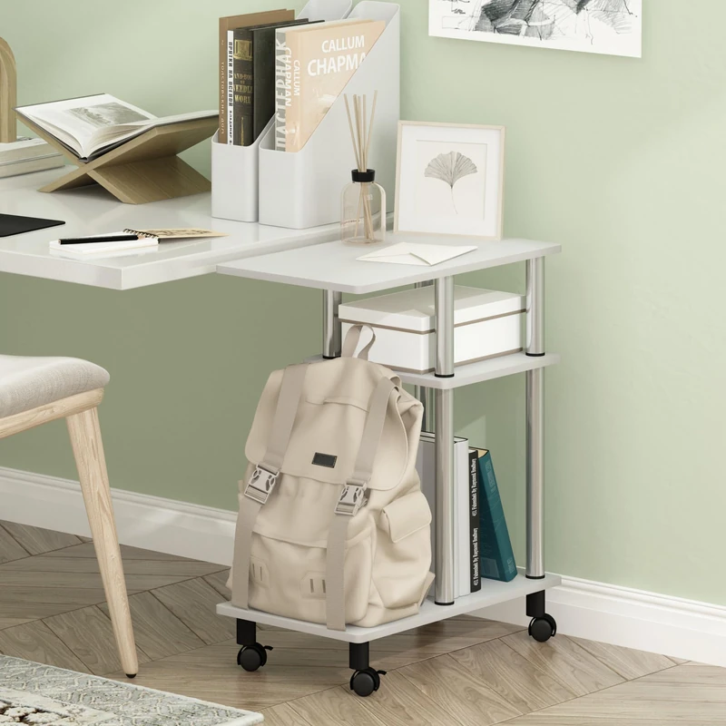 Furinno TURN-N-TUBE Side Table, 3-Tier C-Shape End Table with Wheels, Toolless Assembly Night Stand, Bedside Table with Open Shelf, for Living Room, Bedroom, White Oak/Stainless Steel - Image 1