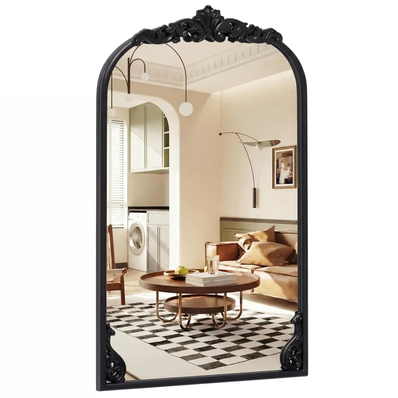 RELAX4LIFE Decorative Wall Mirror, Baroque Ornate Arched Mirror with Hanging Hooks, Vintage Metal Wall Mounted Accent Vanity Mirror for Living Room, Bedroom and Hallway (Black, 90 x 61cm)