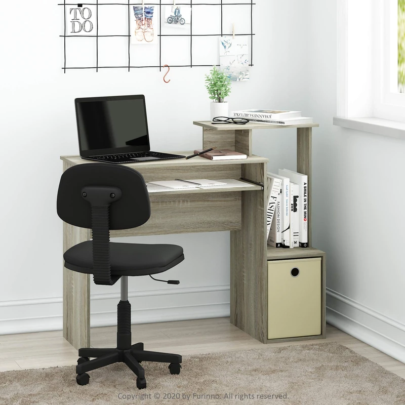 Furinno ECON Desk, 101.6cm Gaming Desk with Keyboard Tray, Computer Desk, Office Desk with Side Shelves and Storage Bin for Home Office, Study Room, Dorm, Light Oak - Image 1