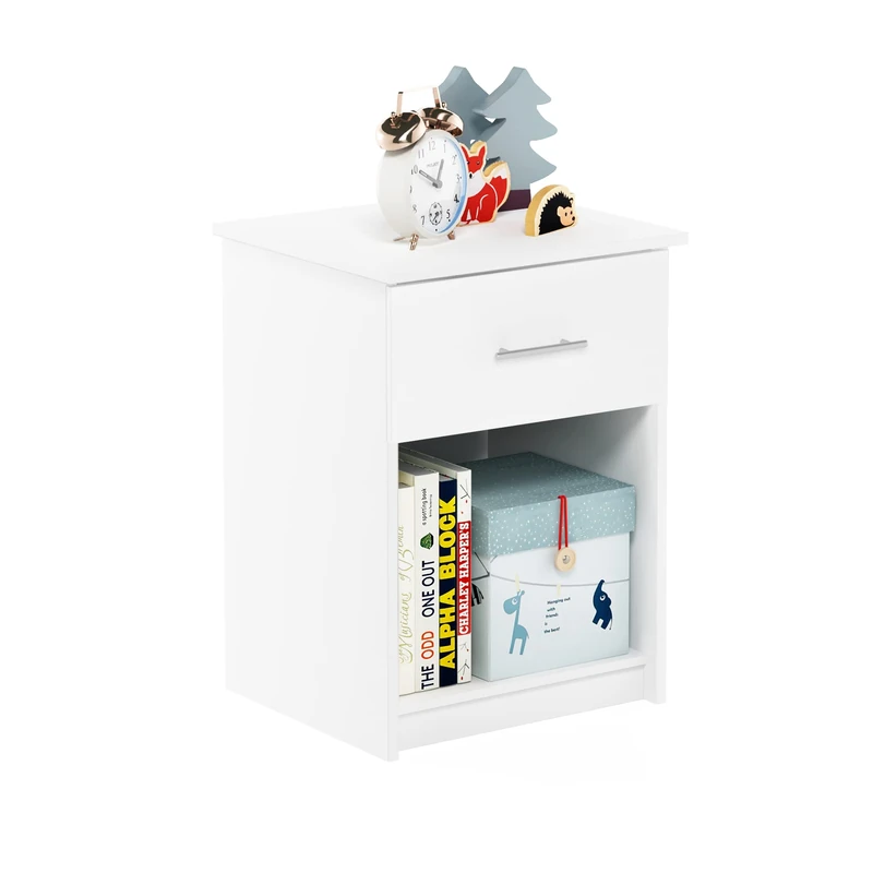 Furinno TIDUR Night Stand, Nightstand with Drawer, Bedside Table, End Table, Side Table with Storage Shelf, Bar Handle Drawer, for Bedroom, Living Room, White - Image 1