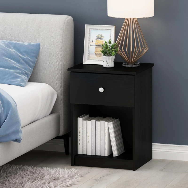Furinno TIDUR Night Stand Set of 2, Modern Nightstand with Drawer, Bedside Table with Storage Shelf, End Table, Side Table, Knob Handle Drawer, for Bedroom, Living Room, Dark Americano - Image 1