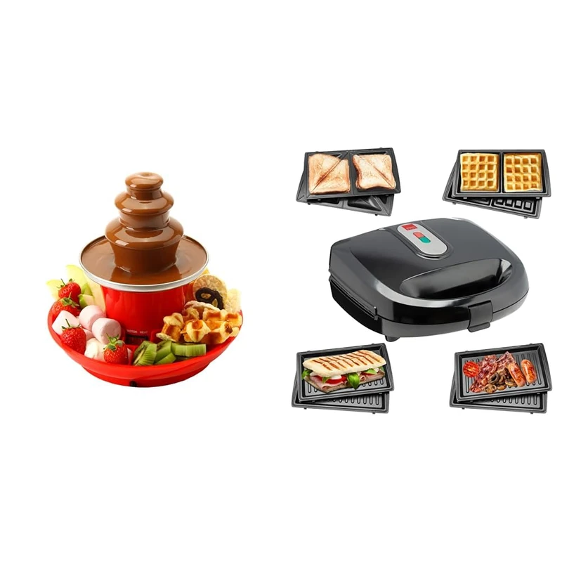 Bundle of Global Gourmet Chocolate Fountain 3 Tier Fondue with Party Serving Tray + Multi Functional 3 in 1 Waffle Iron, Deep Fill Sandwich Toaster, Panini Press or Grill Snack Maker Non Stick - Image 1