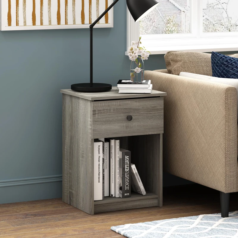 Furinno TIDUR Night Stand, Nightstand with Drawer, Bedside Table, End Table, Side Table with Storage Shelf, Knob Handle Drawer, for Bedroom, Living Room, Grey Oak - Image 1