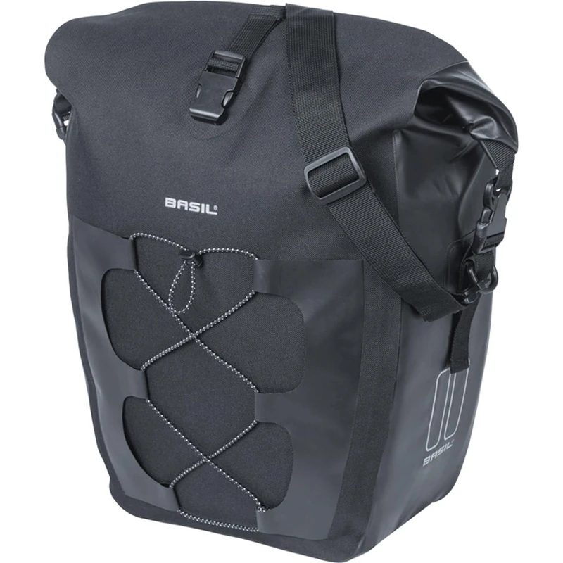 Basil Bicycle Single Bag L MIK Hooks - 25-31L - Waterproof IPX3 - Rolltop Closure - Compression Front Pocket - Tarpaulin/Polyester - Reflective - Removable Shoulder Strap - Black