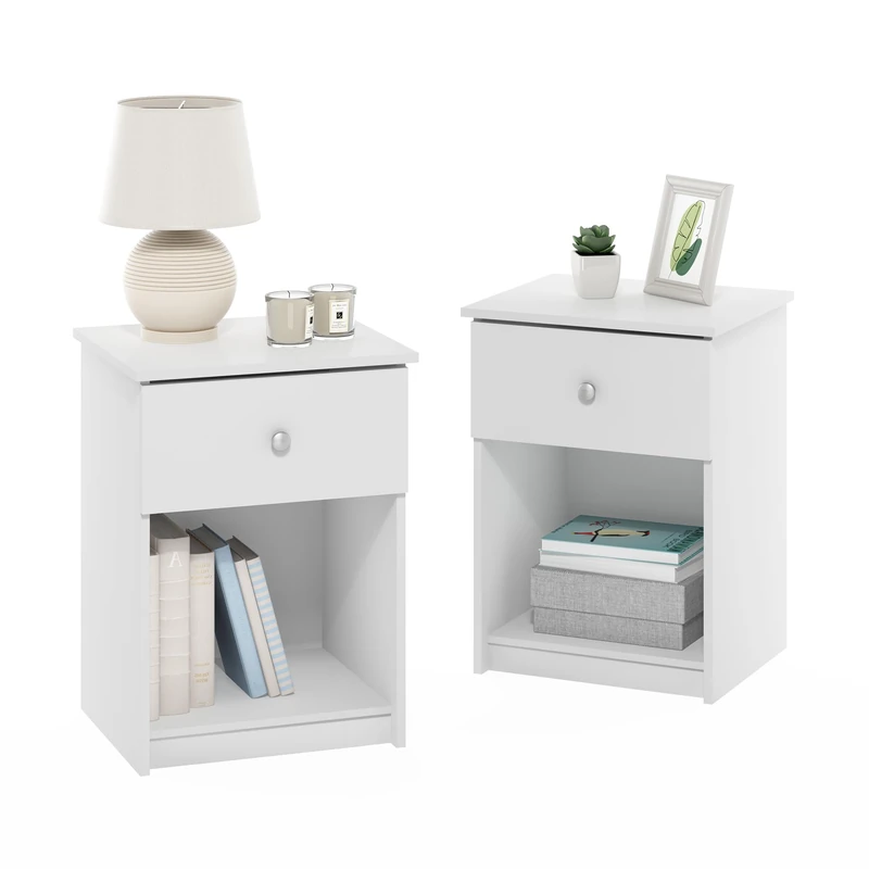 Furinno TIDUR Night Stand Set of 2, Modern Nightstand with Drawer, Bedside Table with Storage Shelf, End Table, Side Table, Knob Handle Drawer, for Bedroom, Living Room, Plain White